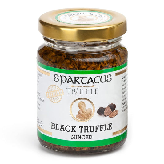 Spartacus Truffle Minced Black Truffles in Extra Virgin Olive Oil 3.17 oz – Wild Hand-Harvested Black Truffle Mince for Pasta, Risotto, Steak, Eggs, Pizza & Gourmet Home Cooking