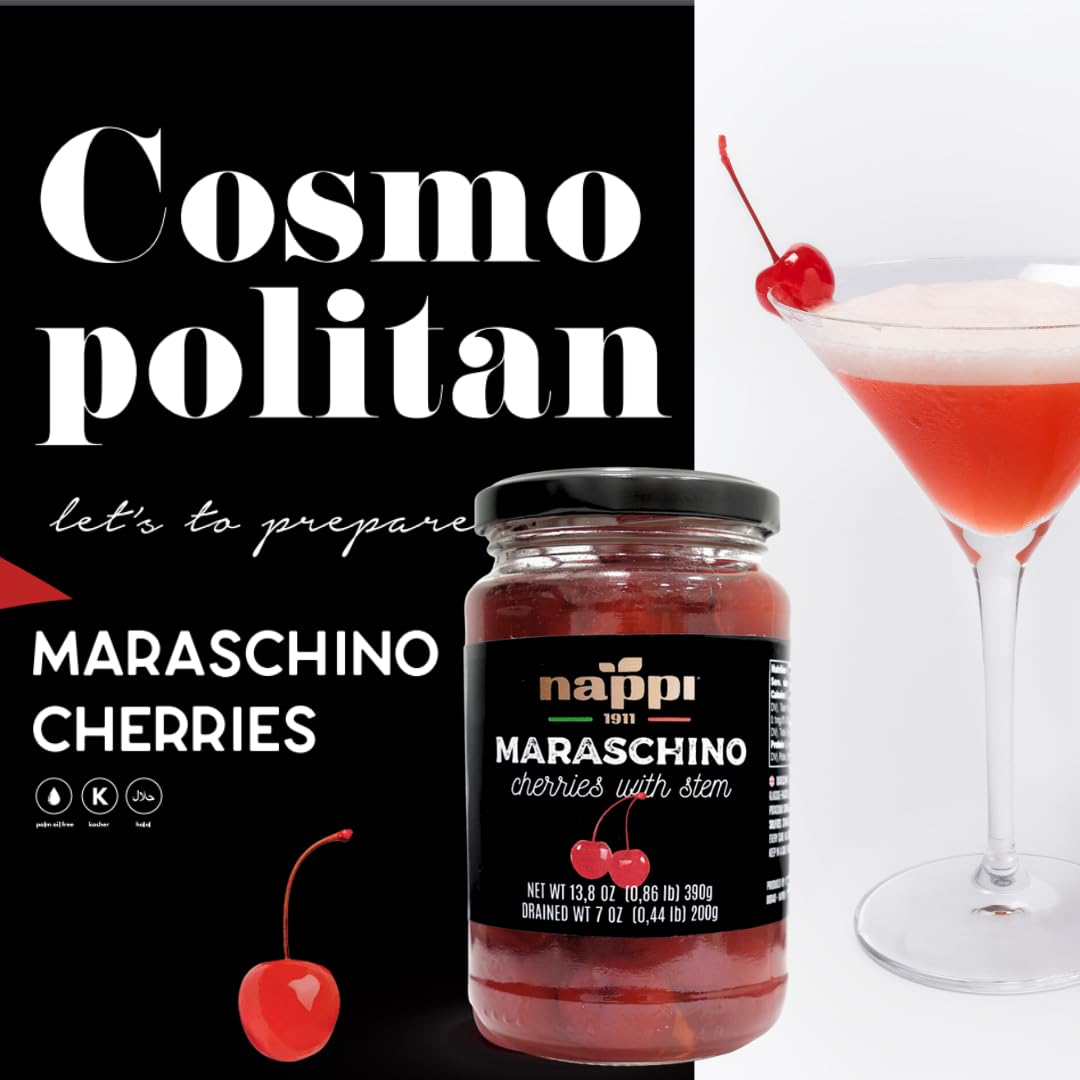 Nappi 1911, Maraschino Cocktail Cherries with Stem in Syrup, 13.76 oz (390 g) Jar, Product of Italy