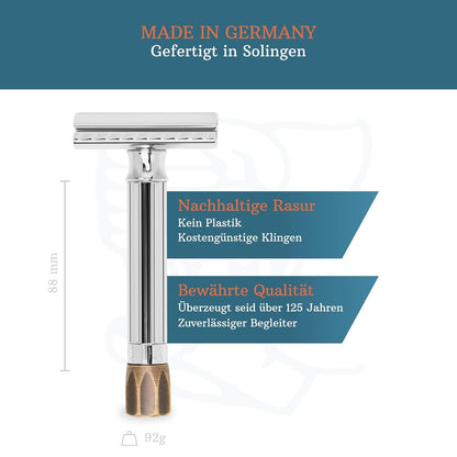 MERKUR Adjustable Safety Razor 500C - Antique, Shiny Chrome/Brass, Two-Piece Premium Razor with Straight Cut, Ideal for Wet Shaving, Die-Cast Zinc, Brass Handle, Made in Germany