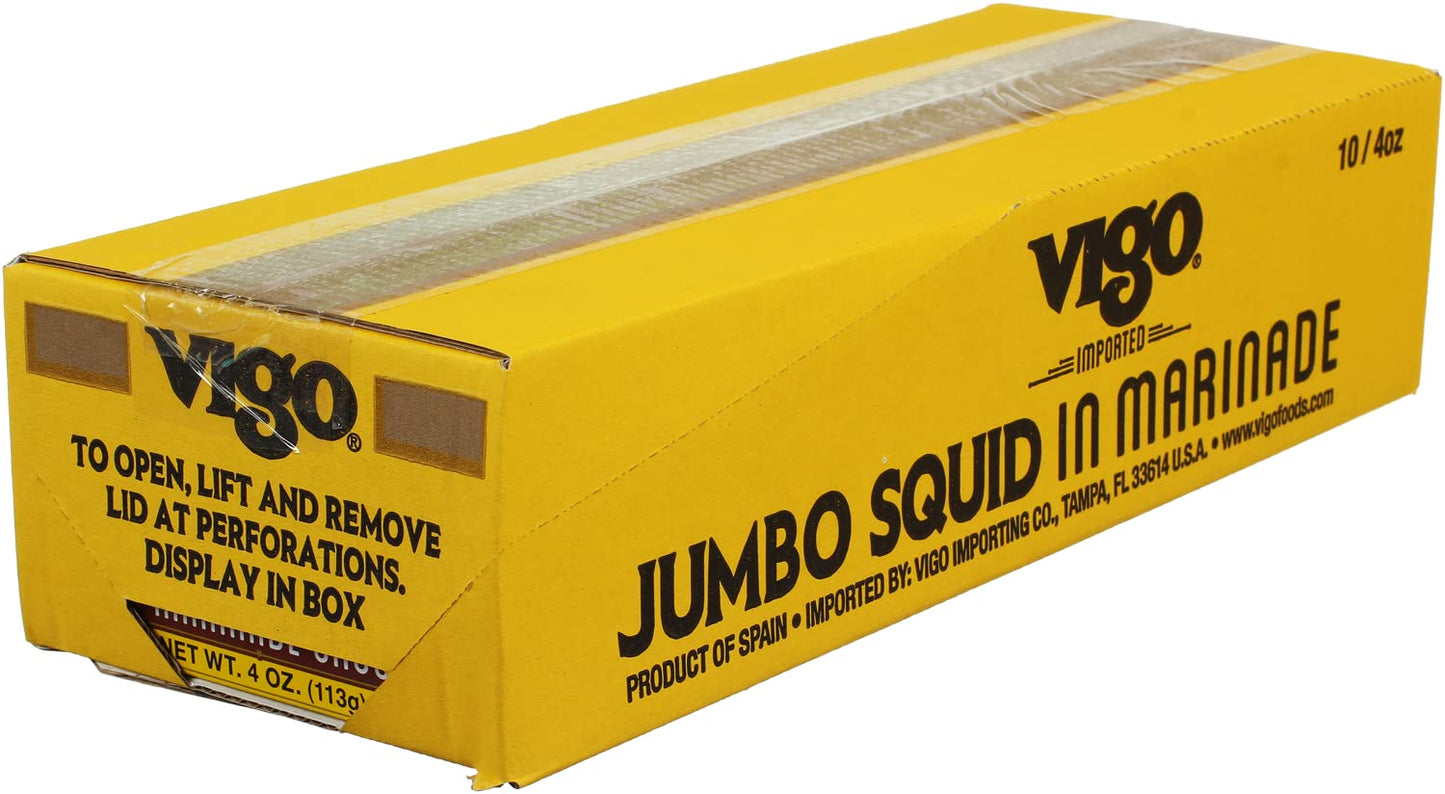 Vigo Premium Imported Canned Seafood, Jumbo Squid in Marinade Sauce, Specialty Flavored, Perfect for Recipes and Dishes (Jumbo Squid in Marinade Sauce, 4 Ounce (Pack of 10))