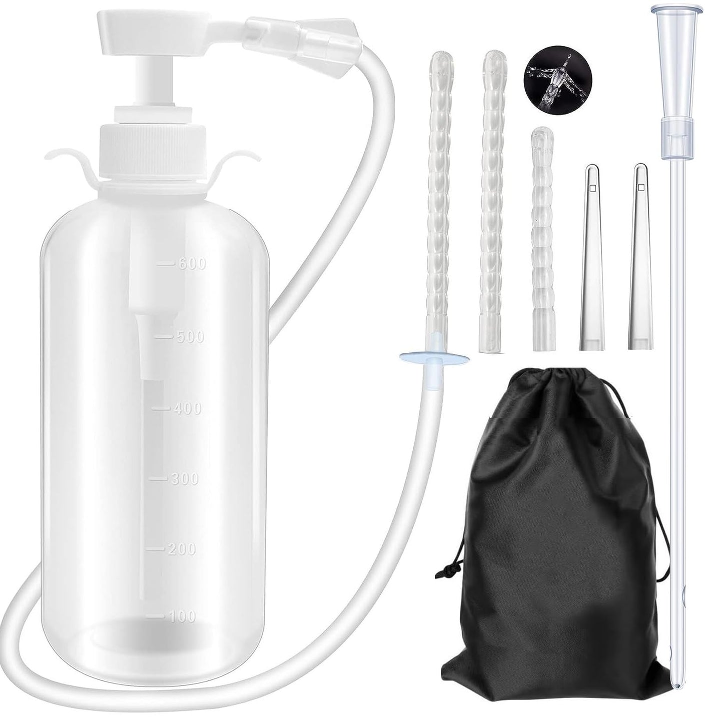 600ml Feminine Wash Enema Pump Bottle Kit 6Pcs Enema Nozzle Tips for Coffee Colon Cleansing Men Women, Anal Vaginal Douche Flush Spray Intimate Shower Irrigator Cleanser Enema Bucket Kit Hand Press