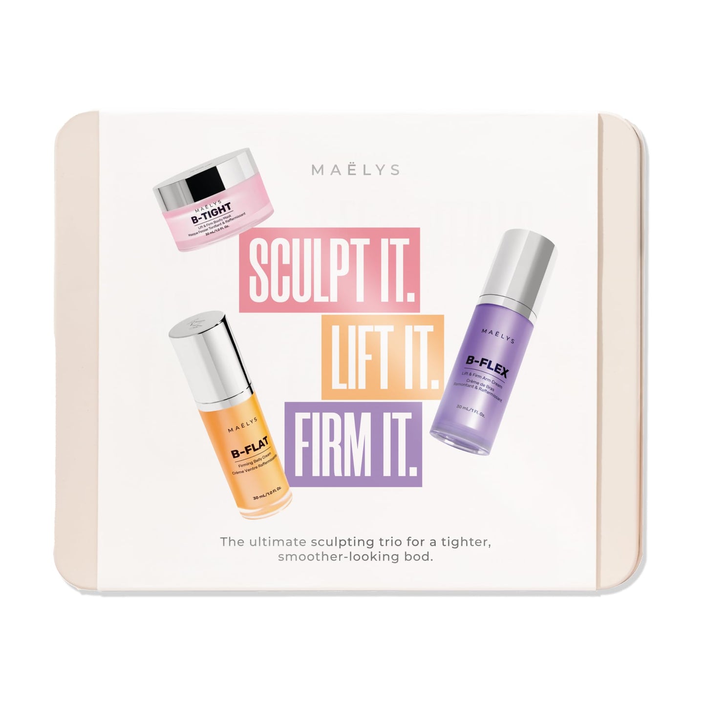 MAËLYS MINI QUEEN B'S Tightening Bundle - Firming Cream Trio for Booty, Belly & Arms - Includes B-TIGHT, B-FLAT & B-FLEX Travel Minis - Helps Improve the look of Stretch Marks & Cellulite (1.0 Fl Oz)