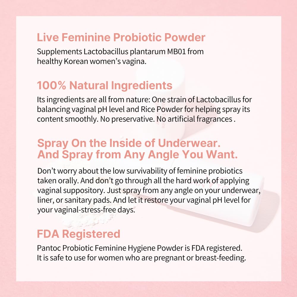 PANTOC Probiotic Feminine Hygiene Powder Spray – Vaginal Probiotic Powder Spray Supports, Balances & Maintains Feminine Flora pH Levels – 5.0g (Shelf Stable)