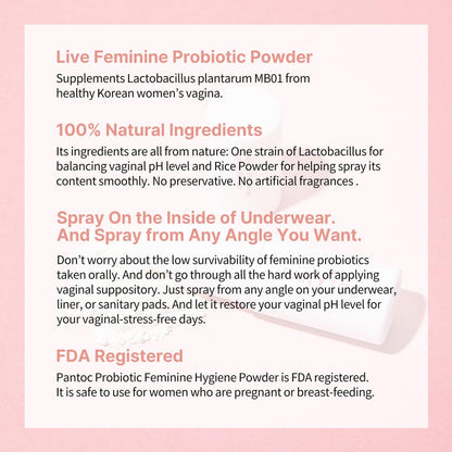 PANTOC Probiotic Feminine Hygiene Powder Spray – Vaginal Probiotic Powder Spray Supports, Balances & Maintains Feminine Flora pH Levels – 5.0g (Shelf Stable)