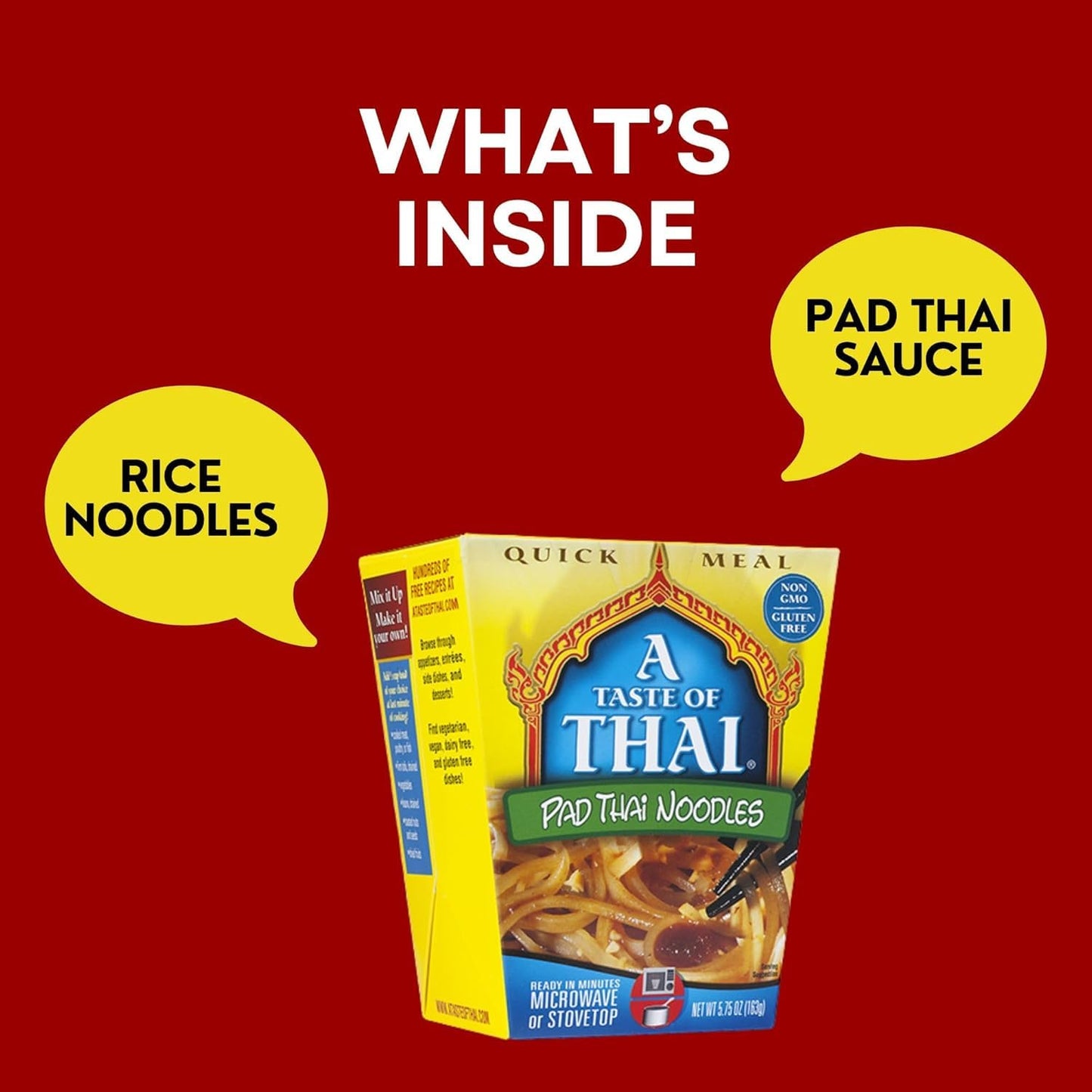 A Taste of Thai Pad Thai Noodles |Heat & Eat Instant Noodle | Flavored with Authentic Thai Sauce - Non-GMO, Gluten Free, Trans Fat Free- Perfect Side for Chicken, Fish & Meat Entrees| 6 Pack (5.75oz)