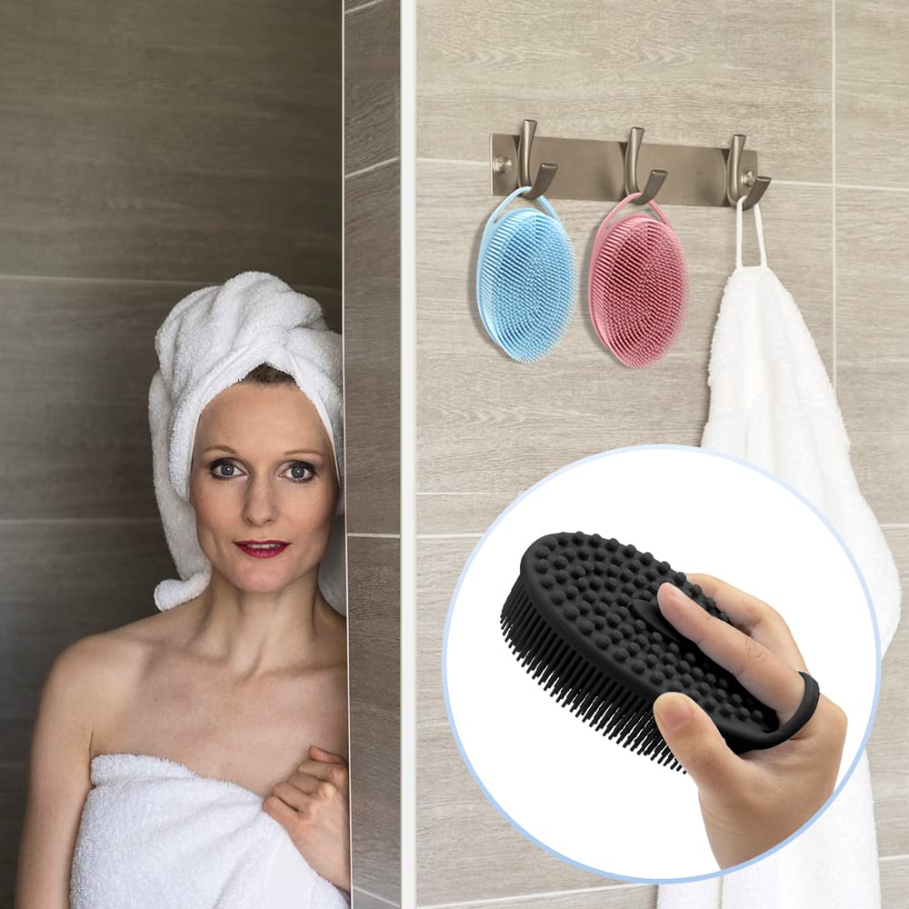 PQRUU 3 Pack Silicone Body Scrubber, Exfoliating Soft Loofah, Scrubber Fit for Sensitive and All Kinds of Skin, Clean Sanitary, Rapid Foaming Black+Blue+Pink