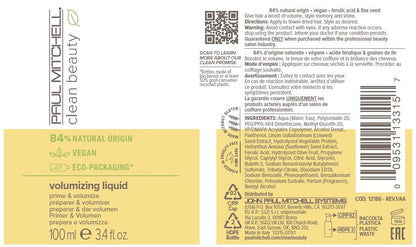 Paul Mitchell Clean Beauty Volumizing Liquid, Prime & Volumize, For All Hair Types, Especially Fine Hair, 3.4 fl. oz.