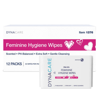 Dynarex HerCare Feminine Hygiene Wipes - 12 Pack, 40 Wipes per Pack - 5.5" x 8" pH-Balanced, Alcohol-Free, Hypoallergenic, Resealable Packs, Travel Essentials for Women