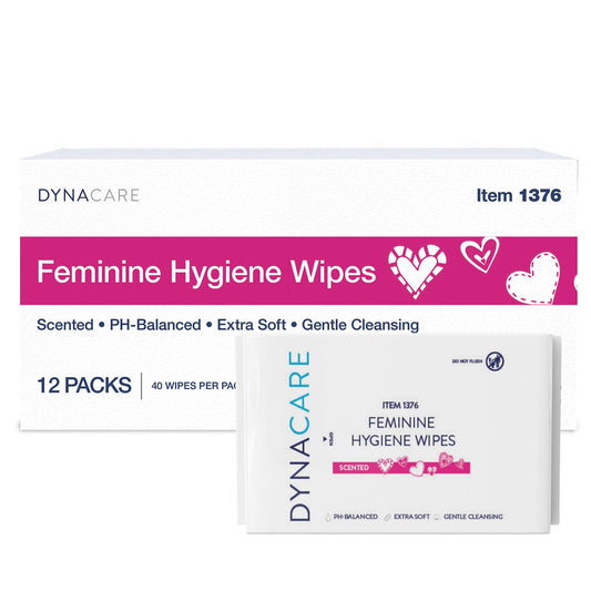 Dynarex HerCare Feminine Hygiene Wipes - 12 Pack, 40 Wipes per Pack - 5.5" x 8" pH-Balanced, Alcohol-Free, Hypoallergenic, Resealable Packs, Travel Essentials for Women
