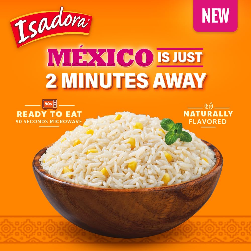 Isadora Pre-Cooked Microwave Mexican Rice with Corn, Ready-to-Eat, No Refrigeration, Heat and Eat Flavored Rice, Non_GMO, Mexican Food, 8.8 oz, 1 Pack