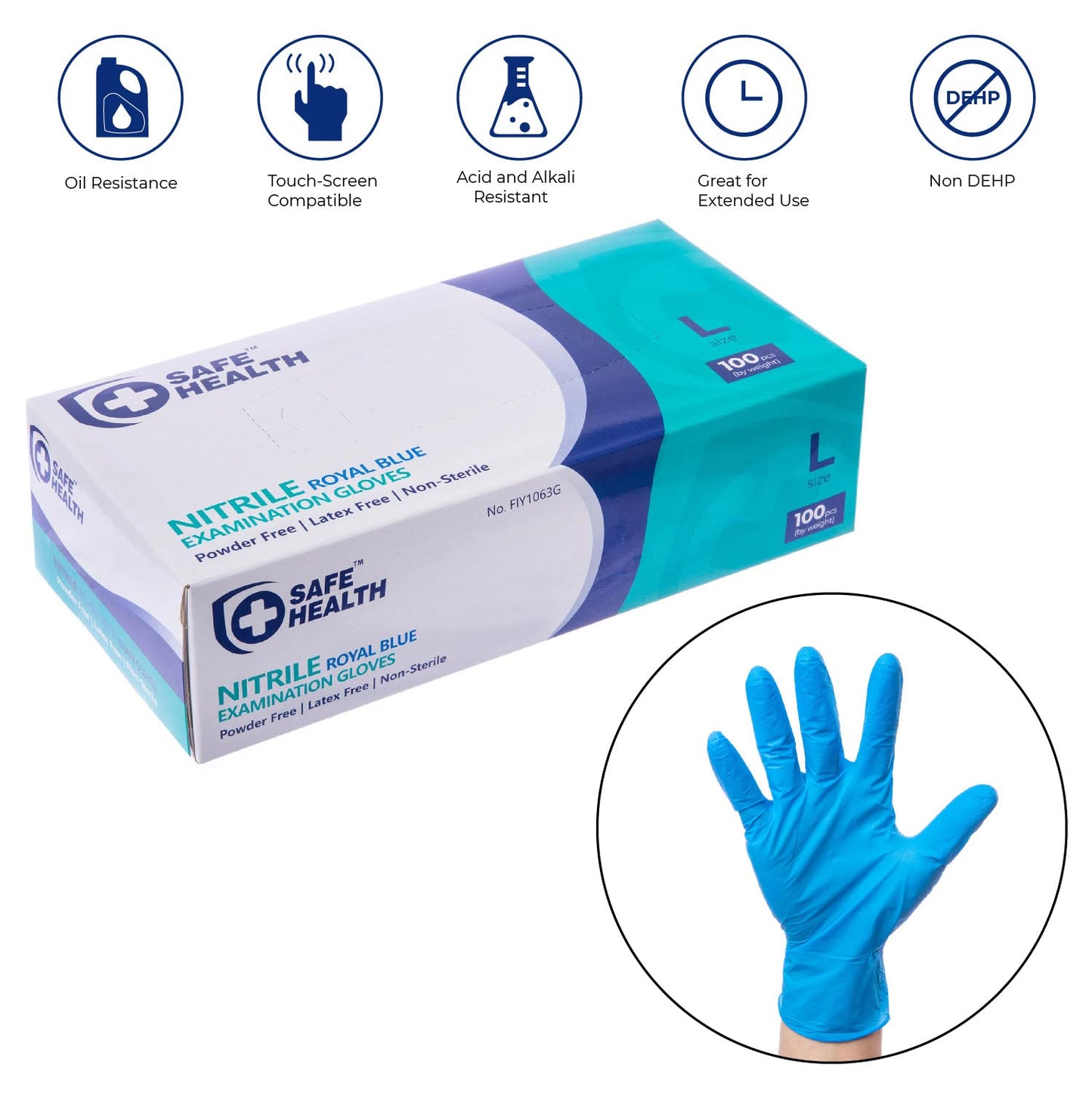 Safe Health Blue Nitrile Exam Gloves,100-Count S M L XL,3.5 Mil Free of Powder-Latex,Disposable-Textured,Clinic-Office-Daily,Medical,First-Aid,Clinics,Cooking,Cleaning,Puncture-Resistant,FIY1063G