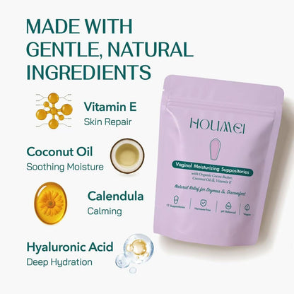 Vaginal Suppositories with Vitamin E and Hyaluronic Acid, Organic Feminine Moisturizer for Dryness & Discomfort Relief, pH-Balanced Natural Feminine Care, 12 Counts
