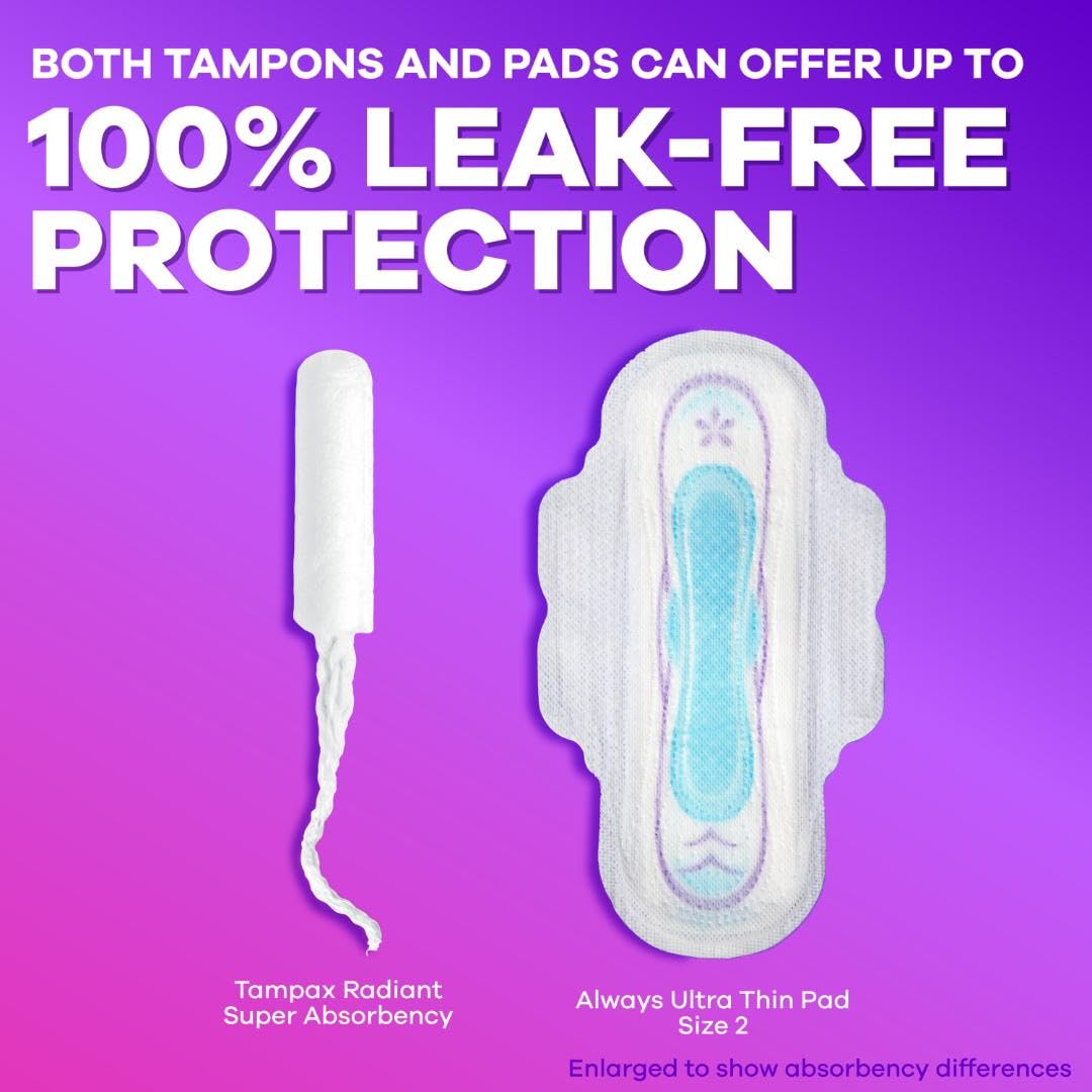 Tampax Radiant Tampons for Women Multipack, with LeakGuard Braid, Regular/Super Absorbency, Unscented, 84 Count (3 Packs of 28)