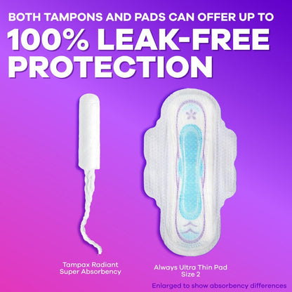 Tampax Radiant Tampons for Women Multipack, with LeakGuard Braid, Regular/Super Absorbency, Unscented, 84 Count (3 Packs of 28)
