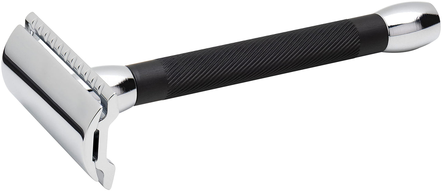 MERKUR 20C Double Edge Safety Razor, Long Handle, Black Anodized Aluminum & Bright Chrome Finish, Three-Piece Design, Closed Comb Straight Bar, Made in Germany