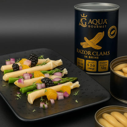 Aqua Gourmet Premium Razor Clams in Brine, Chilean Patagonian Shellfish, 15 oz Can.