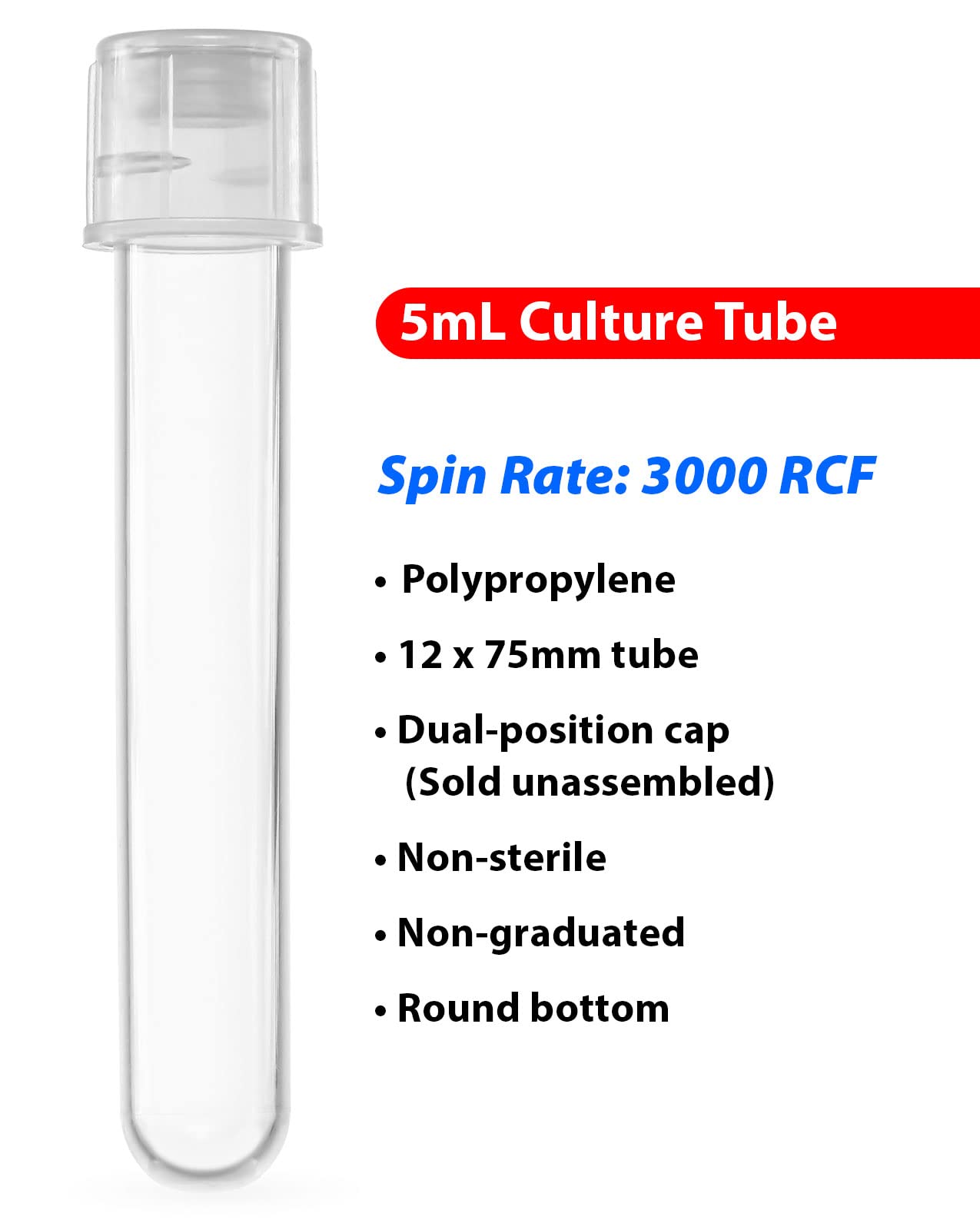Globe Scientific 110406 Polypropylene Test Tube with Separate Dual Position Snap Cap, 5mL Capacity, 12mm Diameter, 75mm Height, Pack of 1000