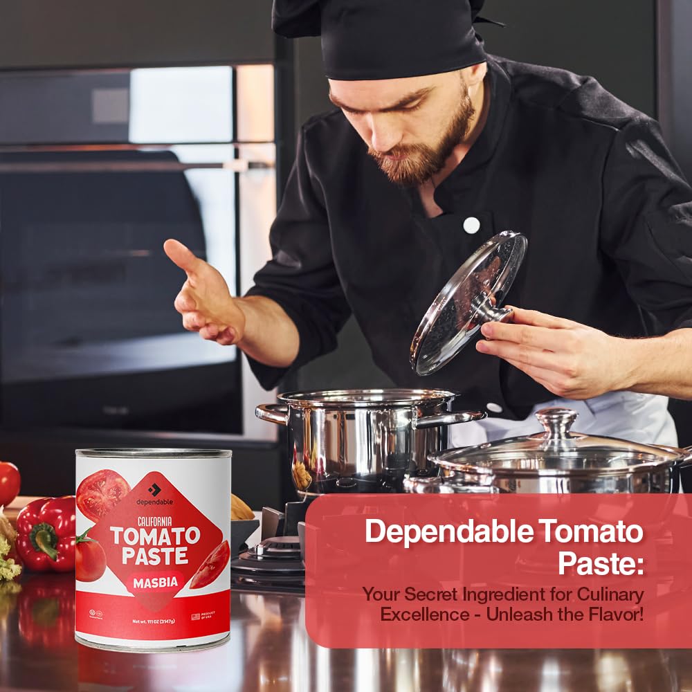 Dependable Foods Tomato Paste – 6.94 Lbs., 111 oz.- Extra Heavy Pizza Sauce with Basil - Authentic California Vine to Bottle Blend - Kosher
