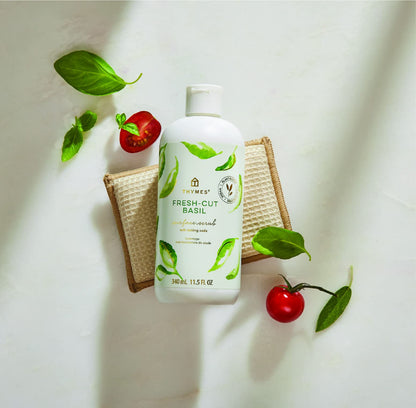 Thymes Soft Surface Scrub - Multipurpose Surface Cleaner - Scented Stain Remover with Baking Soda, Fennel & Parsley Extracts - Gentle Yet Effective Household Cleaner (Fresh-Cut Basil, 11.5 Fl oz)