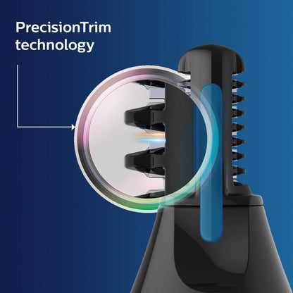 Philips Nose Trimmer Nt3650/16, Nose, Ear & Eyebrow Trimmer with Protective Guard System, Fully Washable, Including AA Battery, 2 Eyebrow Combs, Pouch (Gray)