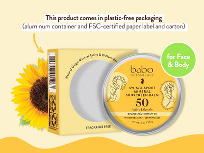 Babo Botanicals Swim & Sport Mineral Sunscreen Balm SPF50 - Natural Zinc Oxide - For Face & Body - For all Ages - Dermatologist Tested - Cruelty-Free - Fragrance-Free - EWG Verified - Water Resistant
