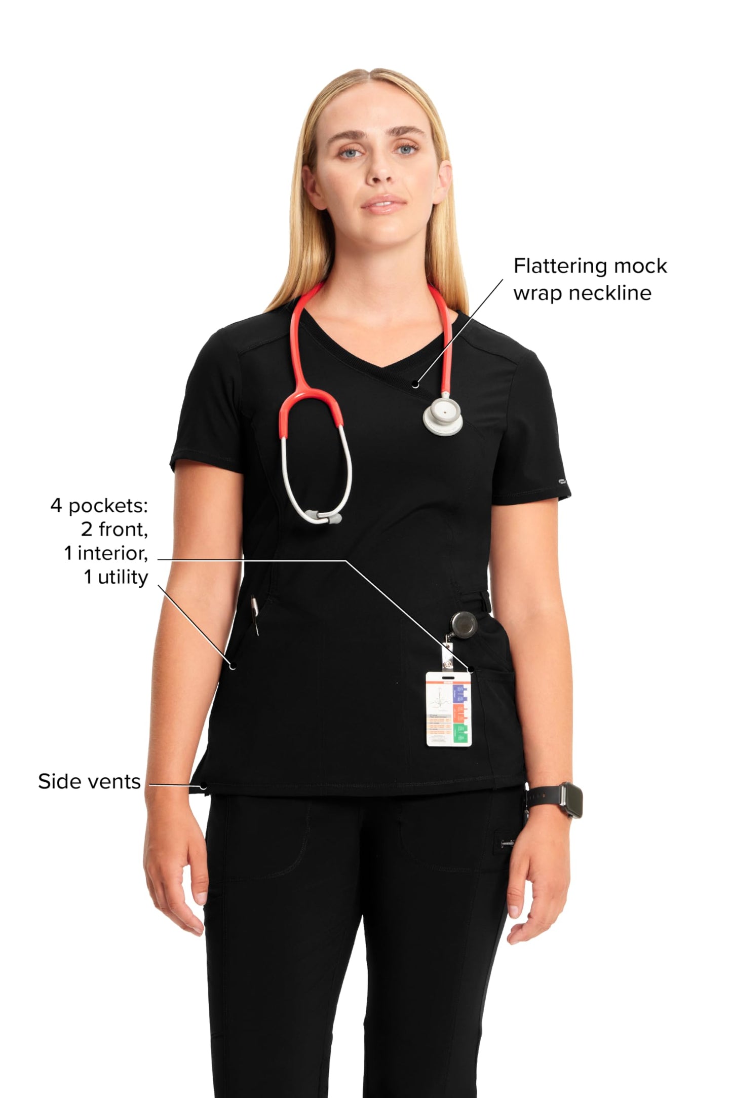 Cherokee Infinity Womens Mock Wrap Scrub Top, 4 Pockets, Rib-Knit Panel, Moisture-Wicking 360° Stretch - 2625A