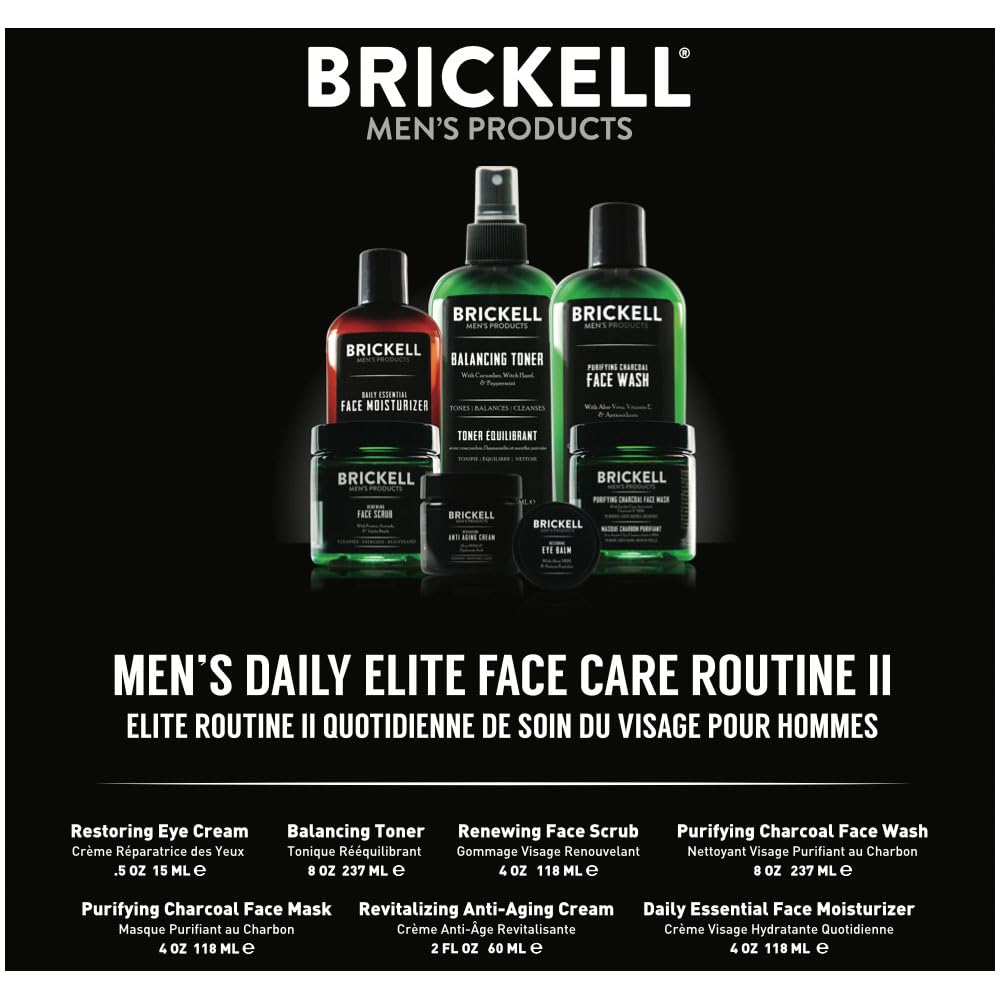 Brickell Men's Daily Elite Face Care Routine II, Toner, Charcoal Facial Wash, Face Scrub, Anti-Aging Night Cream, Eye Cream, Charcoal Mask and Moisturizer, Natural and Organic, Scented