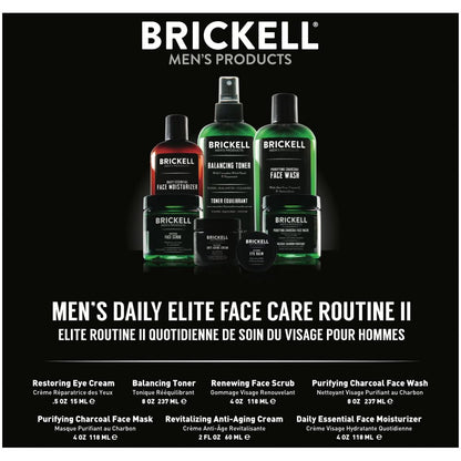 Brickell Men's Daily Elite Face Care Routine II, Toner, Charcoal Facial Wash, Face Scrub, Anti-Aging Night Cream, Eye Cream, Charcoal Mask and Moisturizer, Natural and Organic, Scented