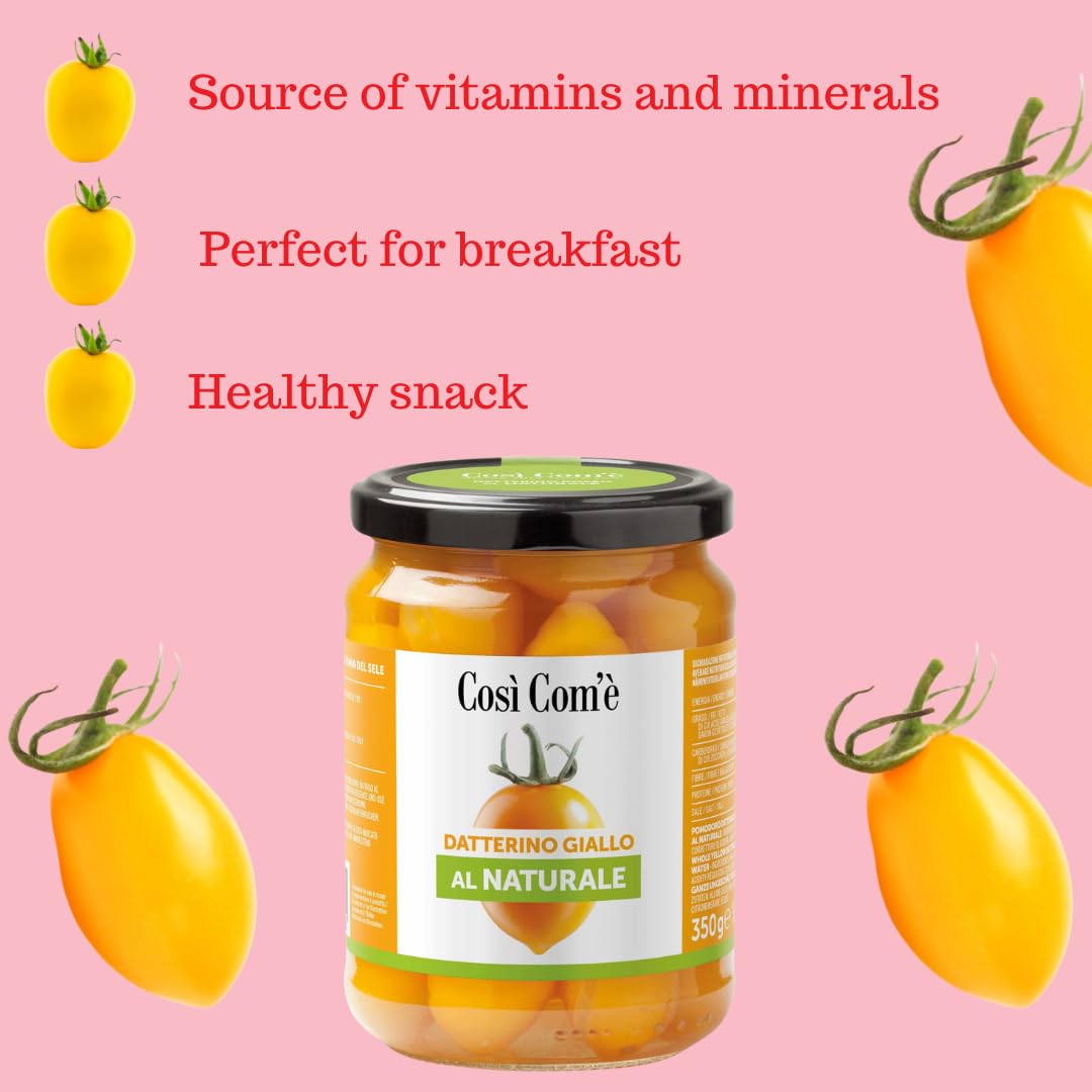Così Com'è, Yellow Datterino Tomatoes unpeeled in water, 12.35 oz (350g), low-acid, No additives, no preservatives, Non-GMO, Product of Italy