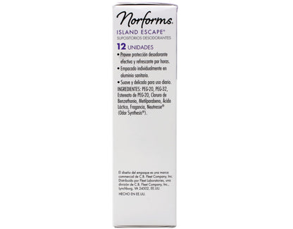 Norforms Feminine Deodorant Suppositories, Long Lasting Odor Control, Island Escape Scent, 12 Count (Pack of 3)