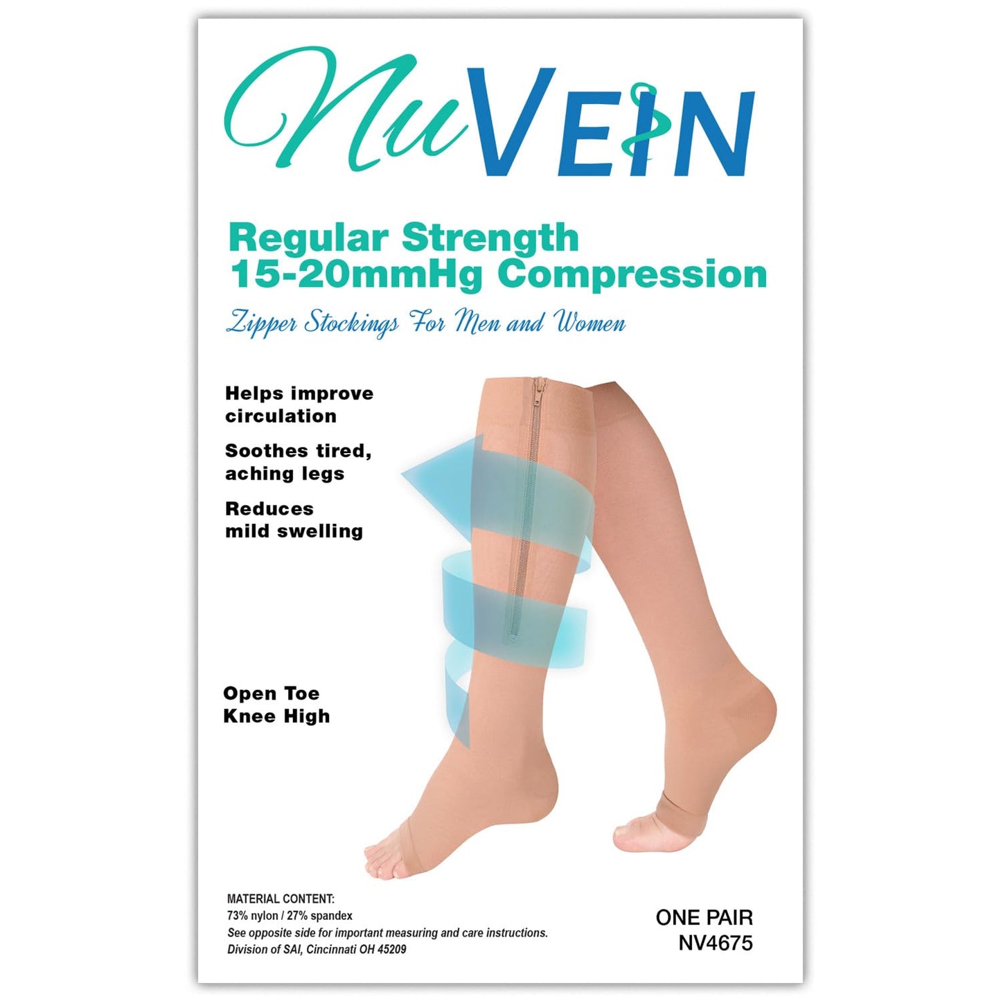 NuVein Medical Compression Stockings, 15-20 mmHg Support, Zipper Opening, Knee Length, Closed Toe, Beige, Medium
