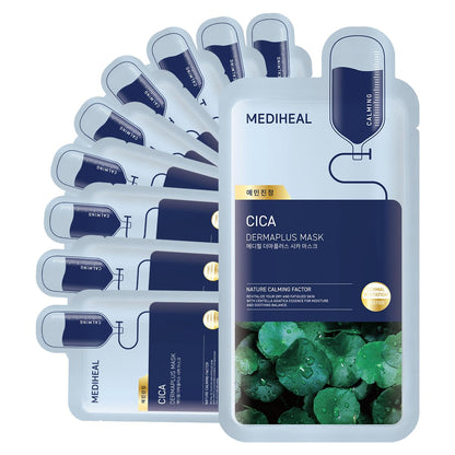 Mediheal Dermaplus Cica Mask (10 Counts) - Daily Vegan Mask for Calming Skin with Panthenol & Hyaluron, Korean Self Skin Care Sheet Mask