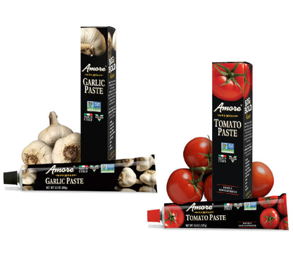 Amore Crowd Favorite - Garlic Paste (3.2oz) & Tomato Paste (4.5oz) in a Tube, Vegan, Non GMO Verified (Variety 2 Pack)