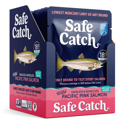 Safe Catch Skinless and Boneless Wild Pacific Pink Salmon Pouch, No Salt Added, Mercury Tested, Kosher, 3oz Pouches, Pack of 12