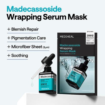 Mediheal Wrapping Serum Mask Blemish Repair – Intensive Calming & Repair Care with 98% Pure Madecassoside & CICA Complex – Helps Calm Skin's Blemish Spots (10 Sheets)