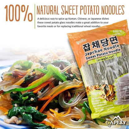 APEXY Sweet Potato Glass Noodles Straight Cut, Japchae Noodles, Korean Vermicelli Pasta, Fat-free and Gluten-free, 100% Sweet Potato Starch, No Additive, No Alum inside, 10.58oz