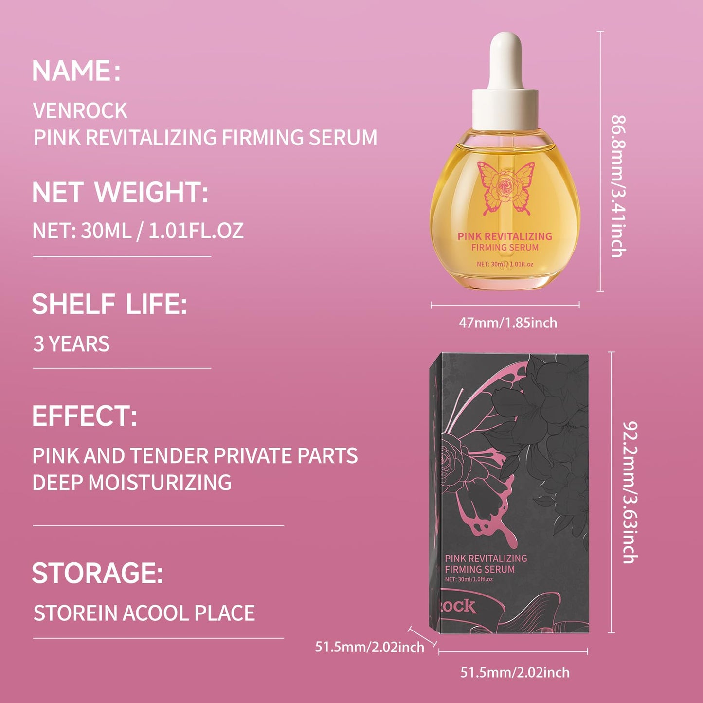 VENROCK Pink Revitalizing Serum for Women, Intimate Moisturizer with Ginseng Extract – pH Balanced, Fragrance Free, Paraben Free, 30ml