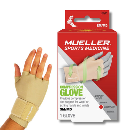 MUELLER Sports Medicine Compression Glove for Men and Women, Hand & Wrist Pain Relief Support, Ideal for Carpal Tunnel, Arthritis, Fits Right or Left, Beige