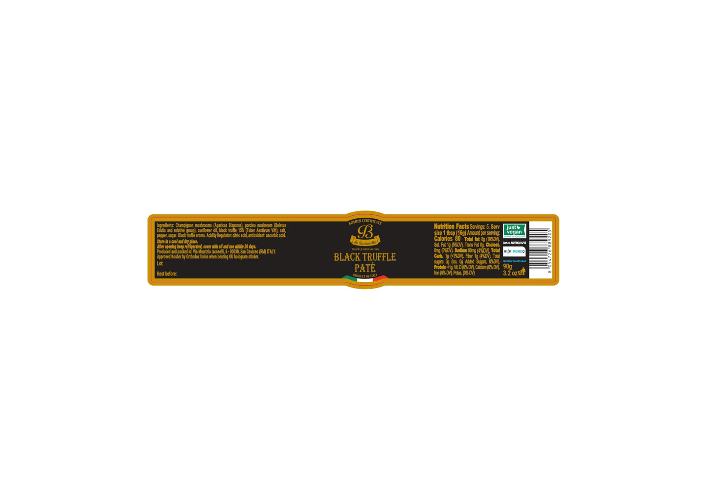 La Rustichella - 100% KOSHER Black Truffle Patè - Certified Kosher Recipe - Vegan, Gluten-Free, Cholesterol-Free, 100% Made in Italy (3.17 oz | 90 gr)