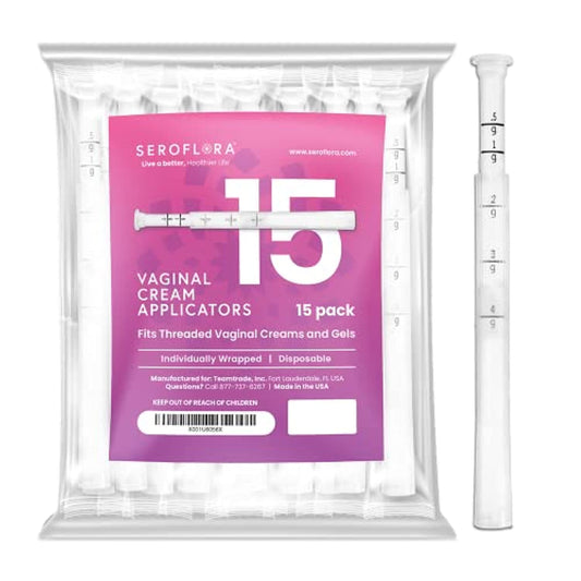 Seroflora Disposable Vaginal Cream Applicators - Fits Premarin, Estrace, Preseed, and Most OTC Gels, Lubricants, and Creams - Threaded End, Comfort Tip, and Dosage Markings (15 Pack) Made in USA.