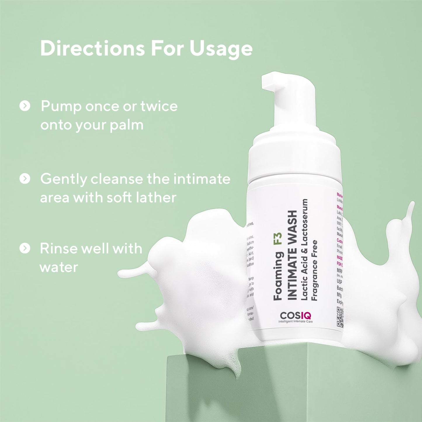 COS-IQ Foaming F3 Intimate Wash, 100ml | Fragrance-Free Hygiene Wash with Lactic Acid & Lactoserum | Prevents Itching, Irritation & Dryness | Soothes Intimate Skin | Suitable for All Skin Type