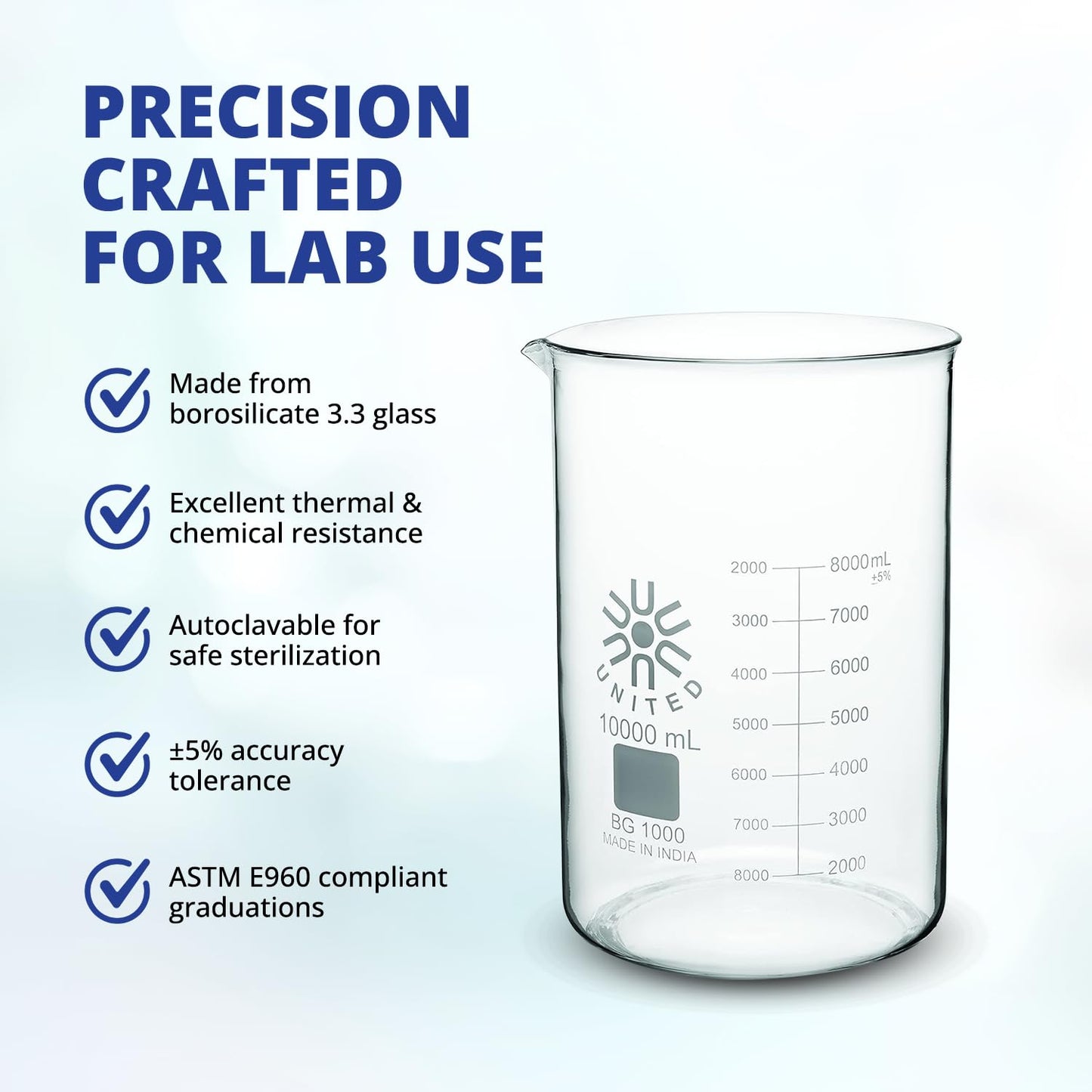 United Scientific™ (1,000mL) 1 Liter Beaker - Low Form Griffin, 3.3 Borosilicate Glass Beaker, Double Scale Graduated Chemistry Glassware with Pour Spout, Autoclavable Laboratory Glassware, 1 Each