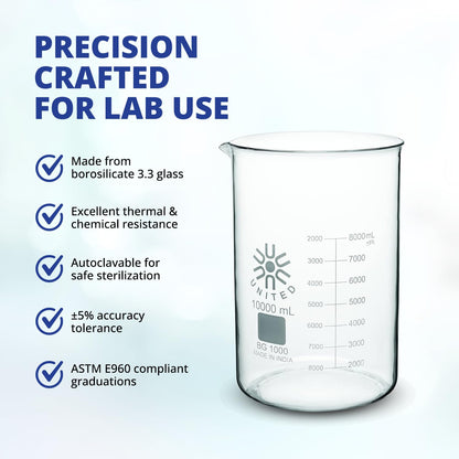 United Scientific™ (1,000mL) 1 Liter Beaker - Low Form Griffin, 3.3 Borosilicate Glass Beaker, Double Scale Graduated Chemistry Glassware with Pour Spout, Autoclavable Laboratory Glassware, 1 Each