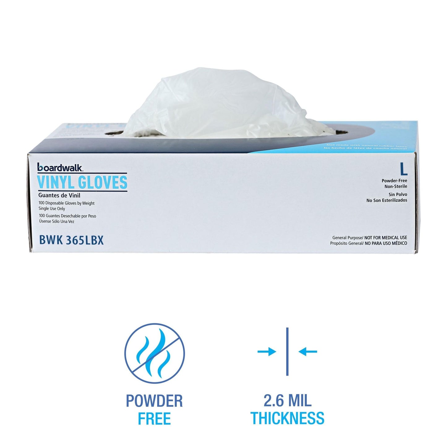 Boardwalk General Purpose Vinyl Gloves, Powder/Latex-Free, 2.6 mil, Large, Clear, 100/Box, 10 Boxes/Carton