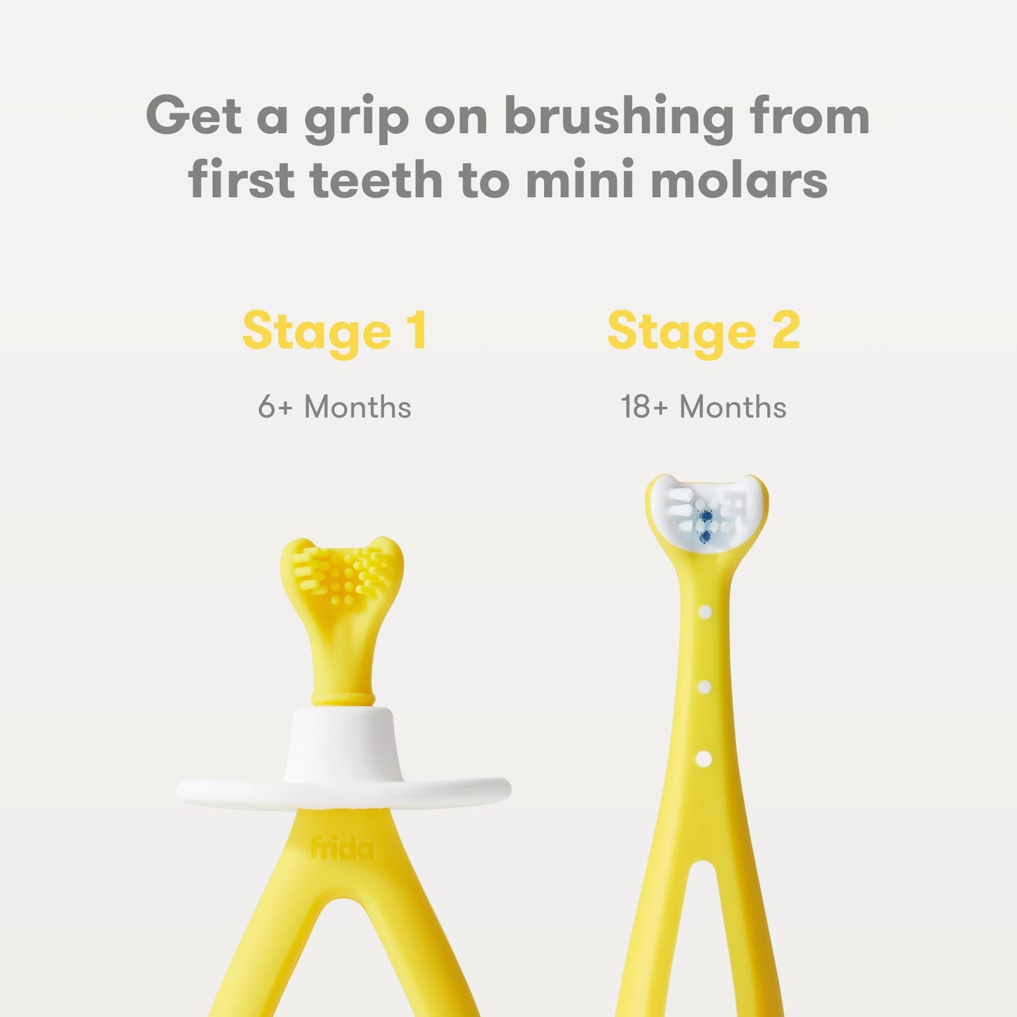 Frida Baby Grow-with-Me Training Toothbrush Set, Infant Baby Tooth brush & Toddler Toothbrush 6-18 Months, Soft Silicone Bristles, BPA-Free Oral Care for Sensitive Gums, Yellow