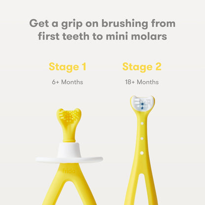Frida Baby Grow-with-Me Training Toothbrush Set, Infant Baby Tooth brush & Toddler Toothbrush 6-18 Months, Soft Silicone Bristles, BPA-Free Oral Care for Sensitive Gums, Yellow