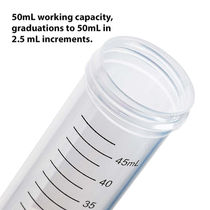 United Scientific™ D1001-C Polypropylene Centrifuge Tube with Attached Blue Flat Top Screw Cap, Sterile, Printed Graduation, Bag Pack, 50mL Capacity (Case of 500)