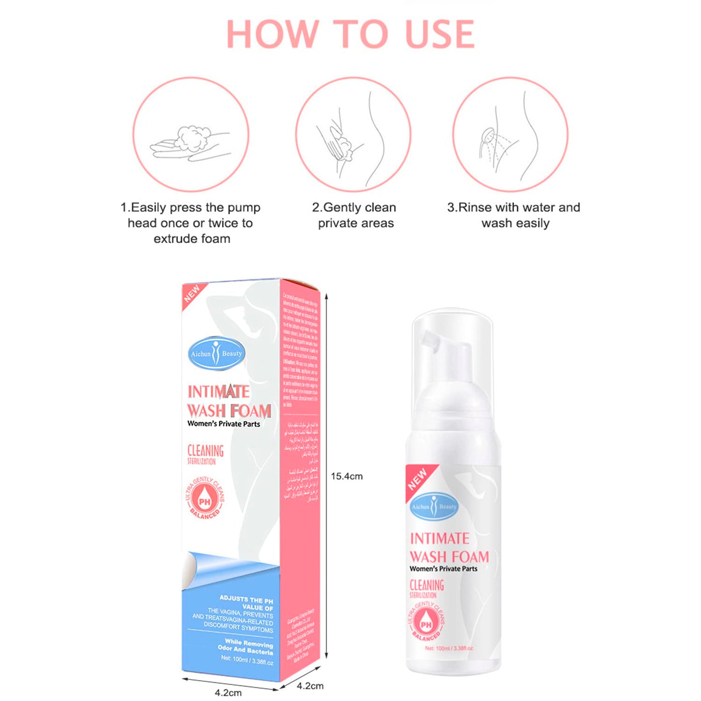 AICHUN BEAUTY Wash Foam Ultra Gently Cleaning Sterilization Vaginal PH Balanced Women's Private Parts Removing Odor 100ml / 3.38fl.oz