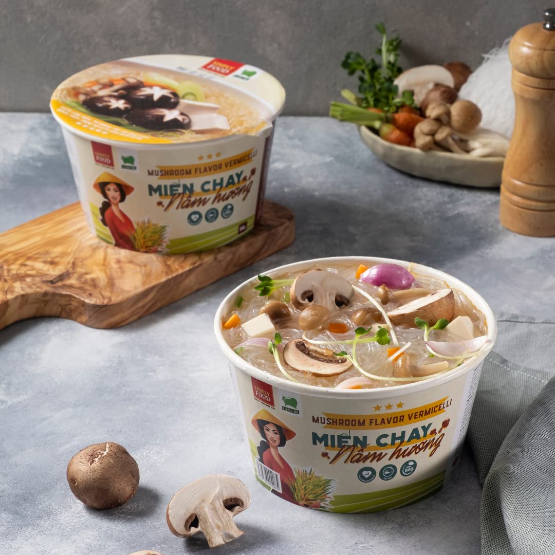 SIMPLY FOOD Instant Mushroom Glass Noodles (Miến Chay Nấm Hương) - 9 BOWLS/ 55g each – Delicious, Clear Glass Vermicelli Noodles in a Flavorful Vegetarian Mushroom Broth