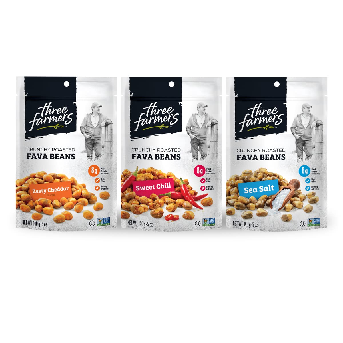 Three Farmers – Roasted Fava Beans Variety Pack | Zesty Cheddar, Sweet Chili & Sea Salt | 3 Pack – 140g | Gluten-Free | Vegan | Kosher | Plant Protein | High Fibre | Low Fat | Non-GMO Certified